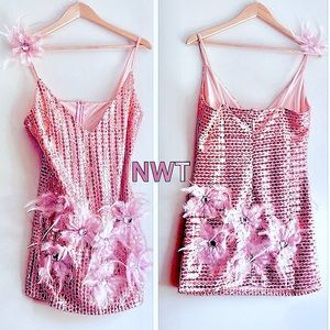 NWT Pink ostrich feather gold sequin shift party plunge S fits 4 -6 luxe custom